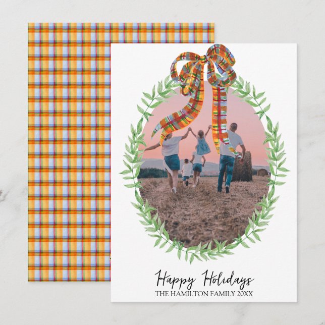 Christmas Gingham Coquette Wreath Photo Holiday Card (Front/Back)