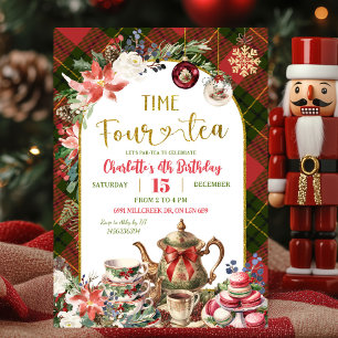Christmas Gingham Time Four Tea 4th Birthday Invitation