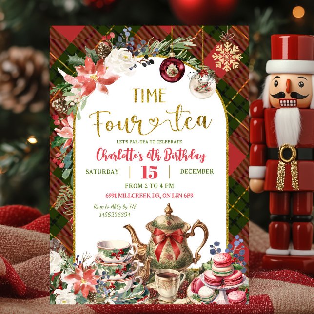 Christmas Gingham Time Four Tea 4th Birthday Invitation (Creator Uploaded)