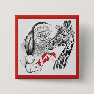 Christmas Giraffe and Santa Claus 15 Cm Square Badge