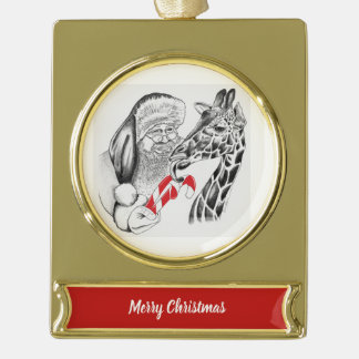 Christmas Giraffe and Santa Claus Gold Plated Banner Ornament