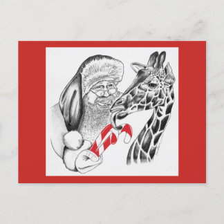 Christmas Giraffe and Santa Claus Holiday Postcard