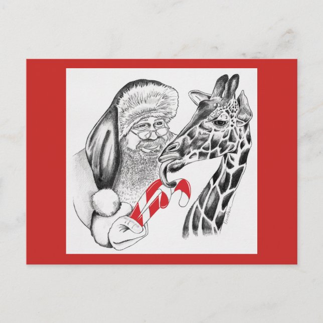 Christmas Giraffe and Santa Claus Holiday Postcard (Front)