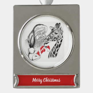 Christmas Giraffe and Santa Claus Silver Plated Banner Ornament