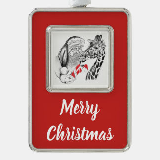 Christmas Giraffe and Santa Claus Silver Plated Framed Ornament