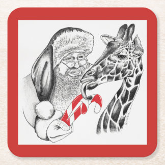 Christmas Giraffe and Santa Claus Square Paper Coaster