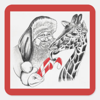 Christmas Giraffe and Santa Claus Square Sticker