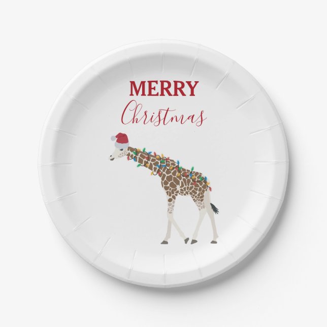 Christmas Giraffe Funny Animal with Santa Hat Card Paper Plate (Front)