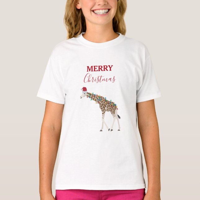 Christmas Giraffe Funny Animals with Santa Hat  T-Shirt (Front)
