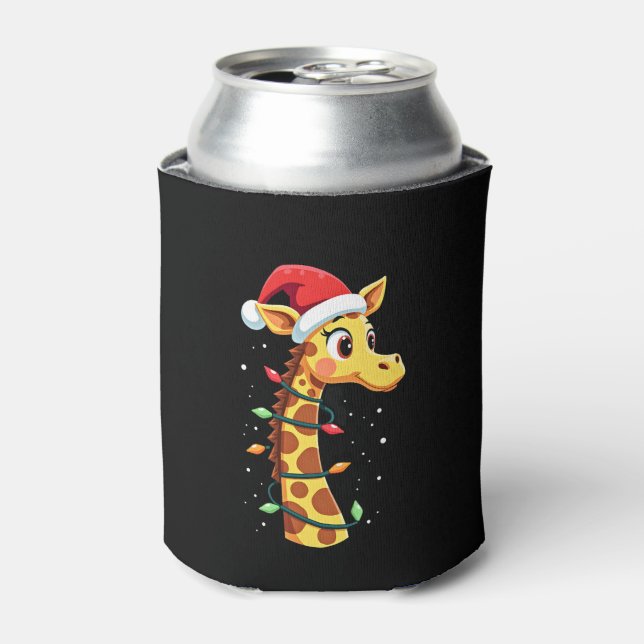 Christmas Giraffe Santa Hat Lights Giraffe Men Wom Can Cooler (Can Front)