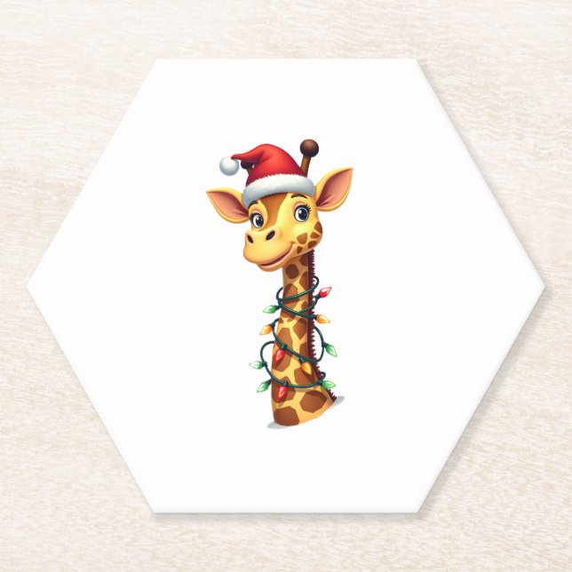 Christmas Giraffe Santa Hat Lights Giraffe Men Wom Paper Coaster (Front)