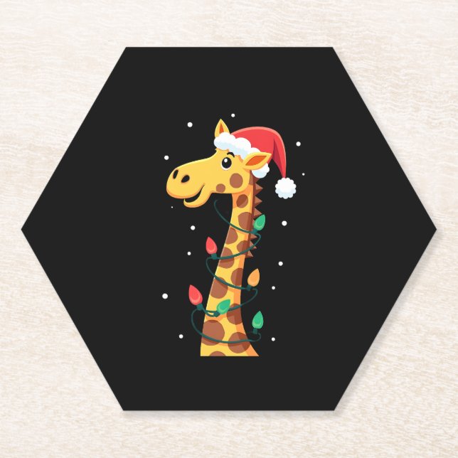 Christmas Giraffe Santa Hat Lights Giraffe Men Wom Paper Coaster (Front)