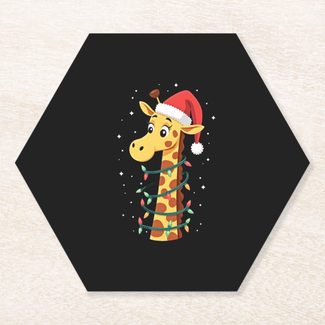Christmas Giraffe Santa Hat Lights Giraffe Men Wom Paper Coaster (Front)