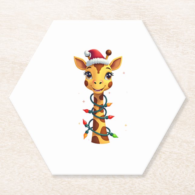 Christmas Giraffe Santa Hat Lights Giraffe Men Wom Paper Coaster (Front)