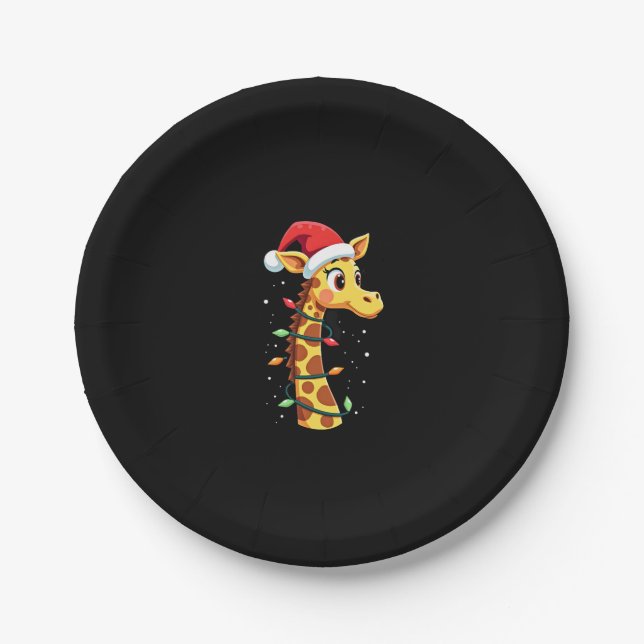 Christmas Giraffe Santa Hat Lights Giraffe Men Wom Paper Plate (Front)