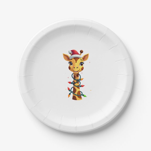 Christmas Giraffe Santa Hat Lights Giraffe Men Wom Paper Plate (Front)