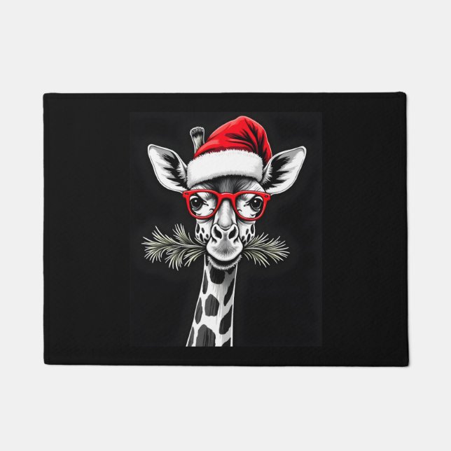 Christmas Giraffe Santa Hat Pajama Gift Family Mat (Front)