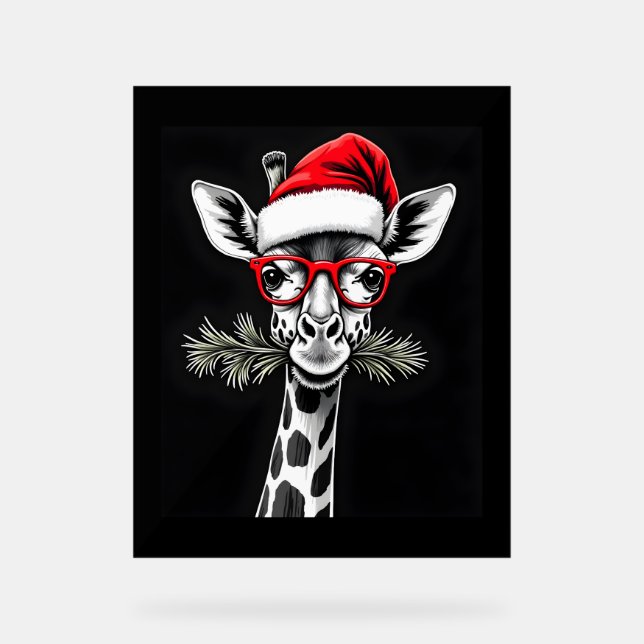 Christmas Giraffe Santa Hat Pajama Gift Family Mat Acrylic Sign (Front)
