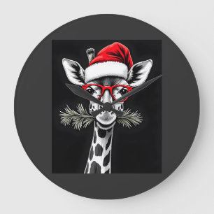 Christmas Giraffe Santa Hat Pajama Gift Family Mat Large Clock