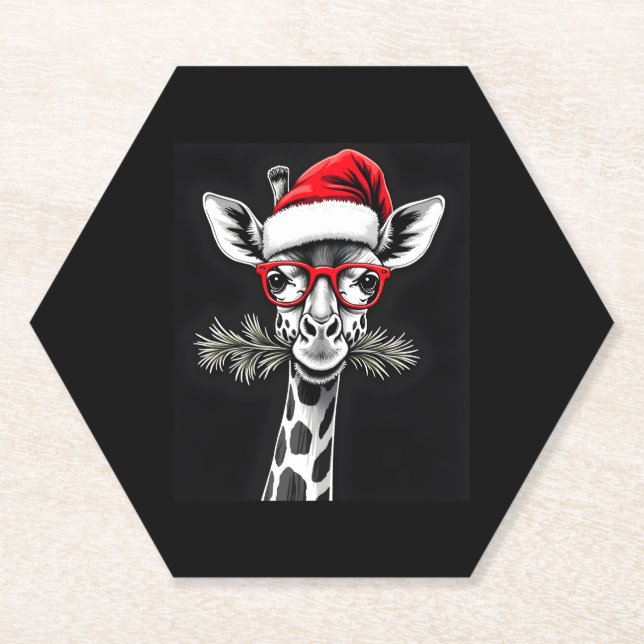 Christmas Giraffe Santa Hat Pajama Gift Family Mat Paper Coaster (Front)