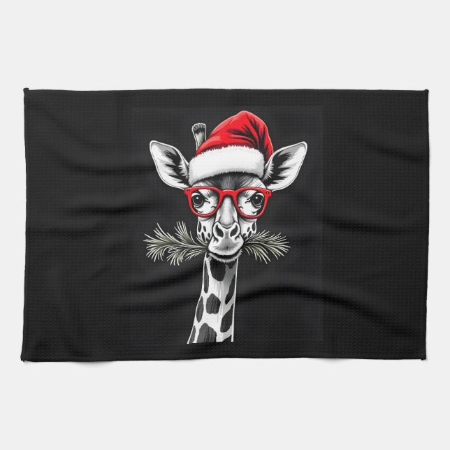 Christmas Giraffe Santa Hat Pajama Gift Family Mat Tea Towel (Horizontal)