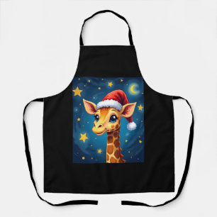 Christmas Giraffe Santa Hat Starry Night Holiday L Apron