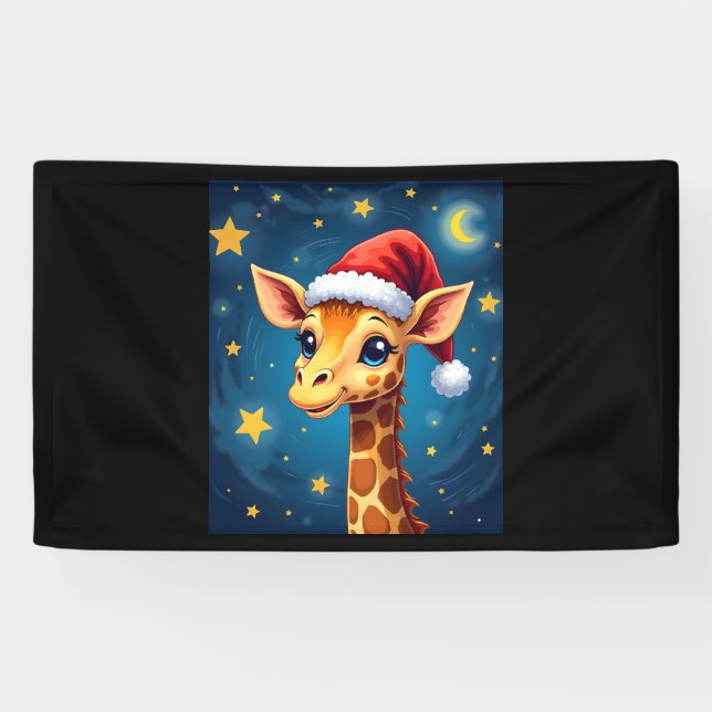 Christmas Giraffe Santa Hat Starry Night Holiday L Banner (Horizontal)