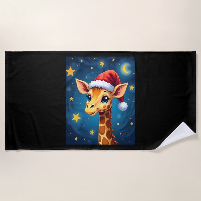 Christmas Giraffe Santa Hat Starry Night Holiday L Beach Towel (Front)