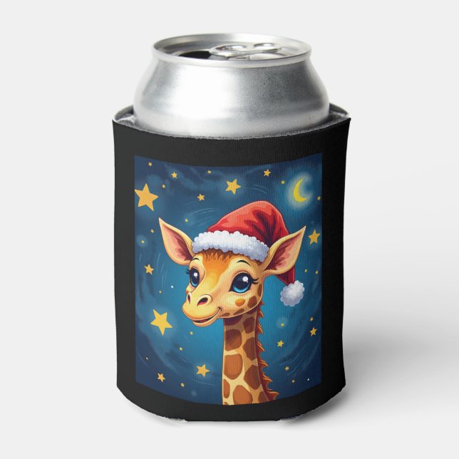 Christmas Giraffe Santa Hat Starry Night Holiday L Can Cooler (Can Front)