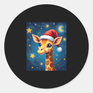 Christmas Giraffe Santa Hat Starry Night Holiday L Classic Round Sticker
