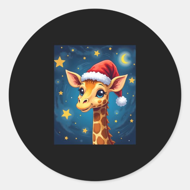 Christmas Giraffe Santa Hat Starry Night Holiday L Classic Round Sticker (Front)