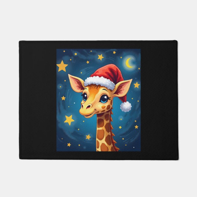 Christmas Giraffe Santa Hat Starry Night Holiday L Doormat (Front)
