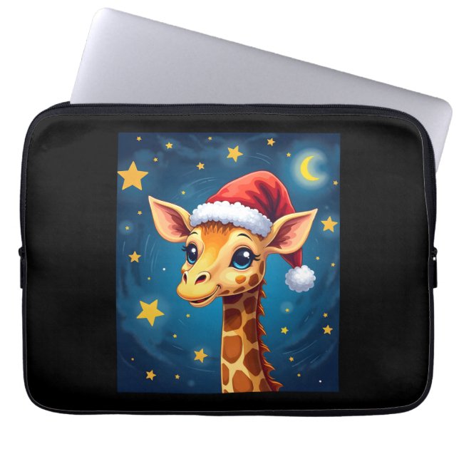 Christmas Giraffe Santa Hat Starry Night Holiday L Laptop Sleeve (Front)
