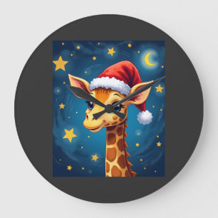 Christmas Giraffe Santa Hat Starry Night Holiday L Large Clock