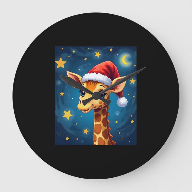Christmas Giraffe Santa Hat Starry Night Holiday L Large Clock (Front)