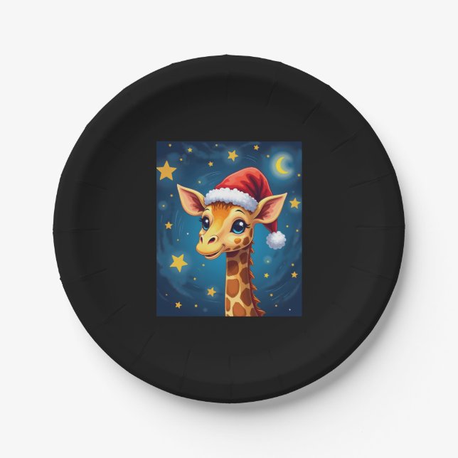 Christmas Giraffe Santa Hat Starry Night Holiday L Paper Plate (Front)