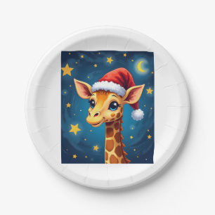 Christmas Giraffe Santa Hat Starry Night Holiday L Paper Plate