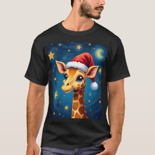 Christmas Giraffe Santa Hat Starry Night Holiday L T-Shirt