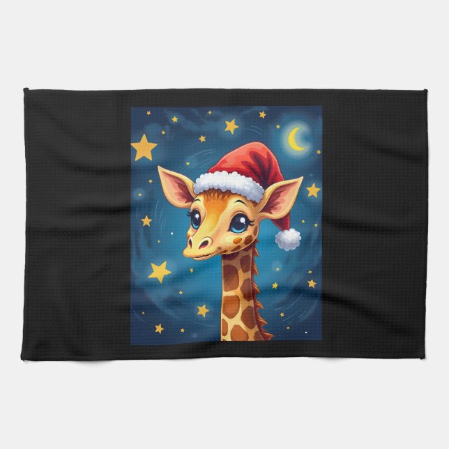 Christmas Giraffe Santa Hat Starry Night Holiday L Tea Towel (Horizontal)