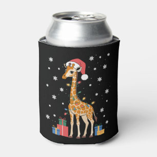 Christmas Giraffe Santa Hat Xmas Lights Snow Can Cooler