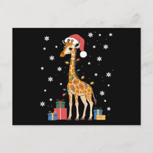 Christmas Giraffe Santa Hat Xmas Lights Snow Holiday Postcard