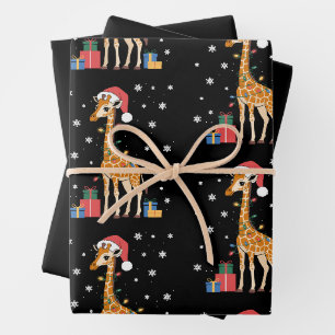 Christmas Giraffe Santa Hat Xmas Lights Snow Wrapping Paper Sheet