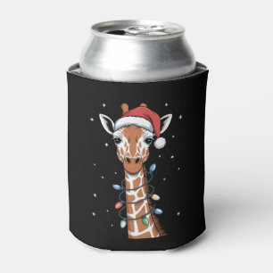 Christmas Giraffe Santa Hat Xmas Lights Snowflak Can Cooler