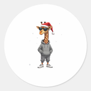 Christmas Giraffe Santa Long Sleeve T-Shirt (1) Classic Round Sticker