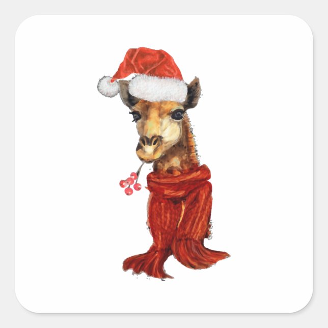 Christmas Giraffe Watercolor Winter Square Sticker (Front)