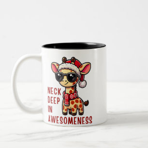 Christmas Giraffe with Sunglasses, Festive Santa Two-Tone Coffee Mug