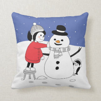 Christmas Girl and Snowman Cushion