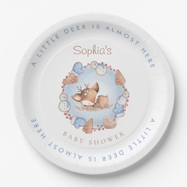 Christmas Girl Baby Shower Blue Deer Paper Plates (Front)