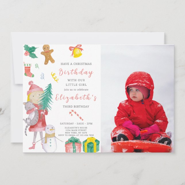 Christmas Girl Birthday Invitation With Photo (Front)
