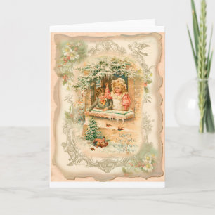 Christmas Girl Boy Birds Victorian Style Holiday Card